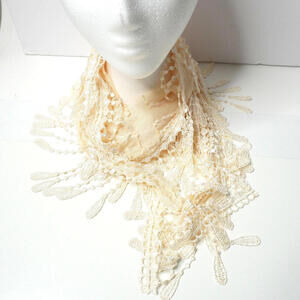 Linen Blend Ivory Fringed‎ Scarf Boho Bridal Cream Feminine Classic Chic Retro
